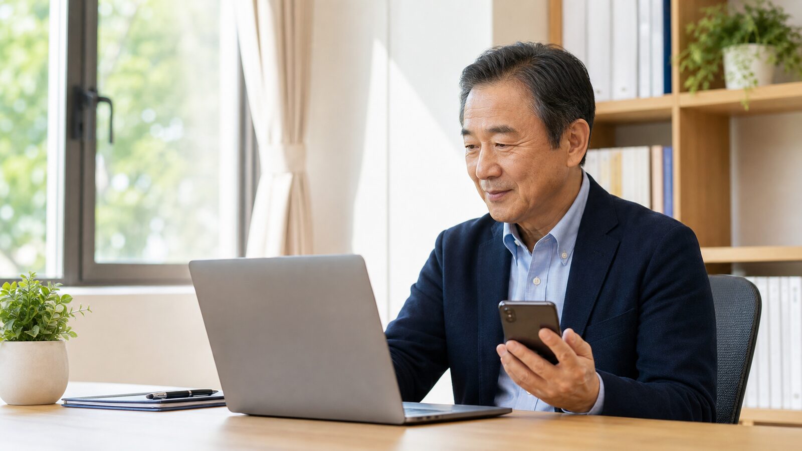 介護施設経営者がノートPCとスマホで業務改善・補助金・SaaS の判断軸を確認している様子