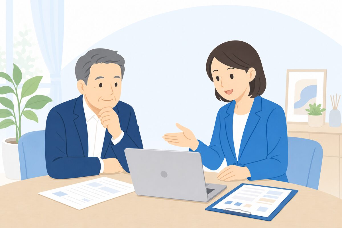 介護施設の施設長と支援者がシステム移行について相談しているフラットイラスト
