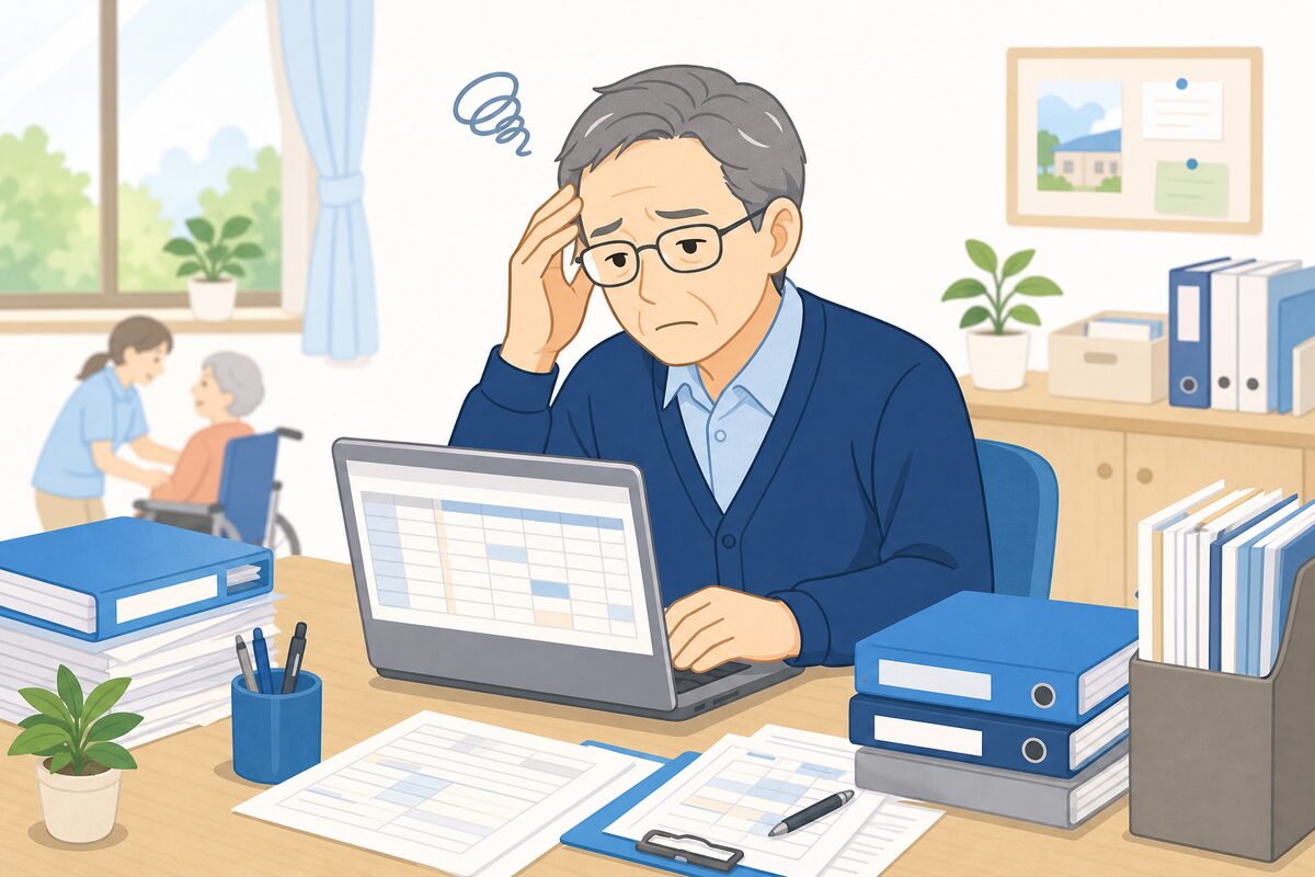 介護施設の事務担当者がExcel入力と紙書類の多さに悩んでいるフラットイラスト
