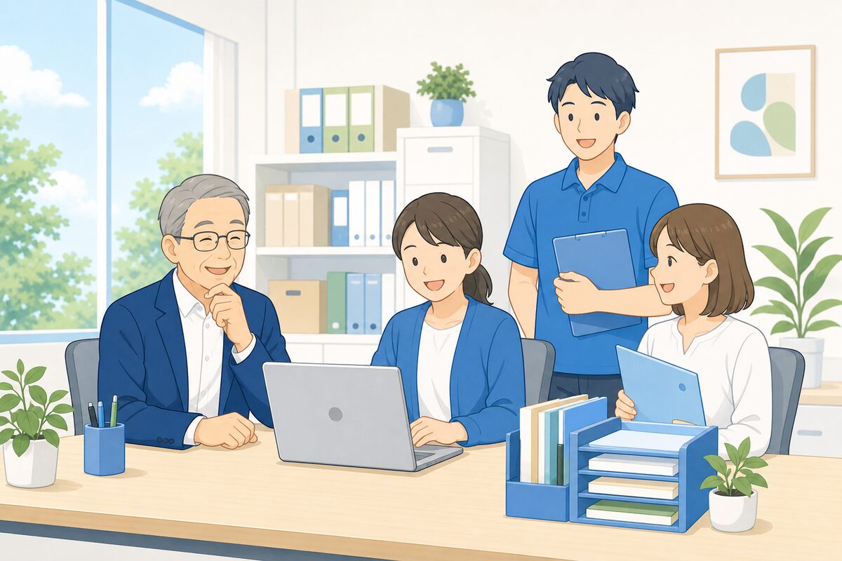 介護施設の事務作業が整理され、職員が落ち着いて確認しているフラットイラスト