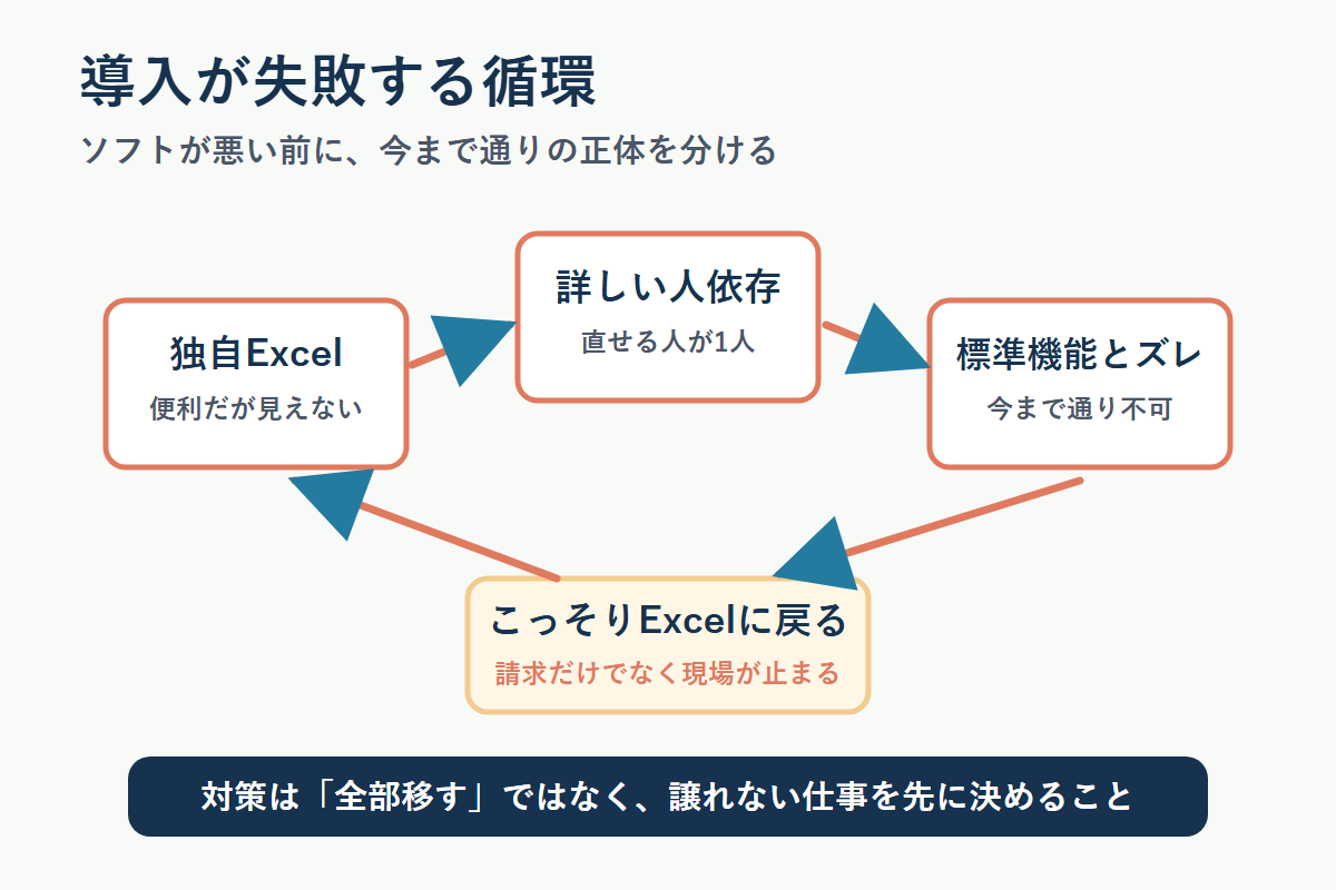 独自Excelと属人化がソフト導入の逆戻りにつながる循環図