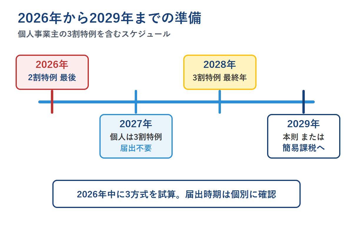 2026年から2029年までの2割特例・3割特例・本則課税・簡易課税の準備スケジュール