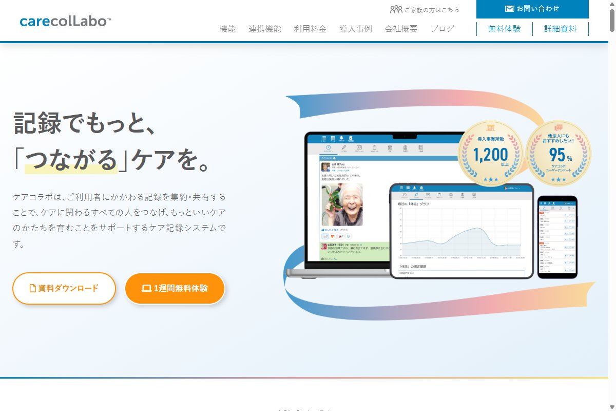 ケアコラボの公式サイトのトップページ画面
